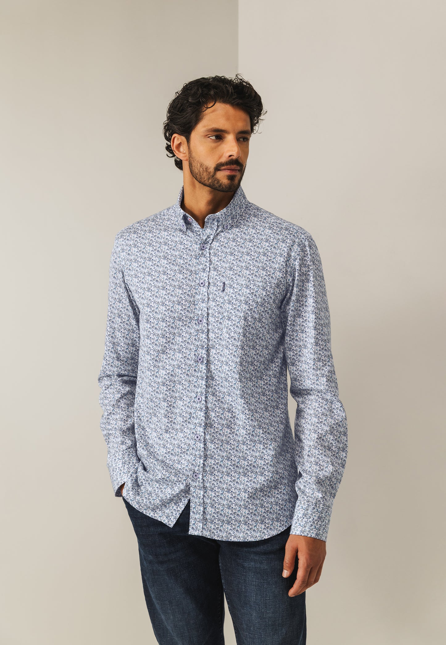 Blue grey cotton regular fit shirt with print State of Art - 25276/5711