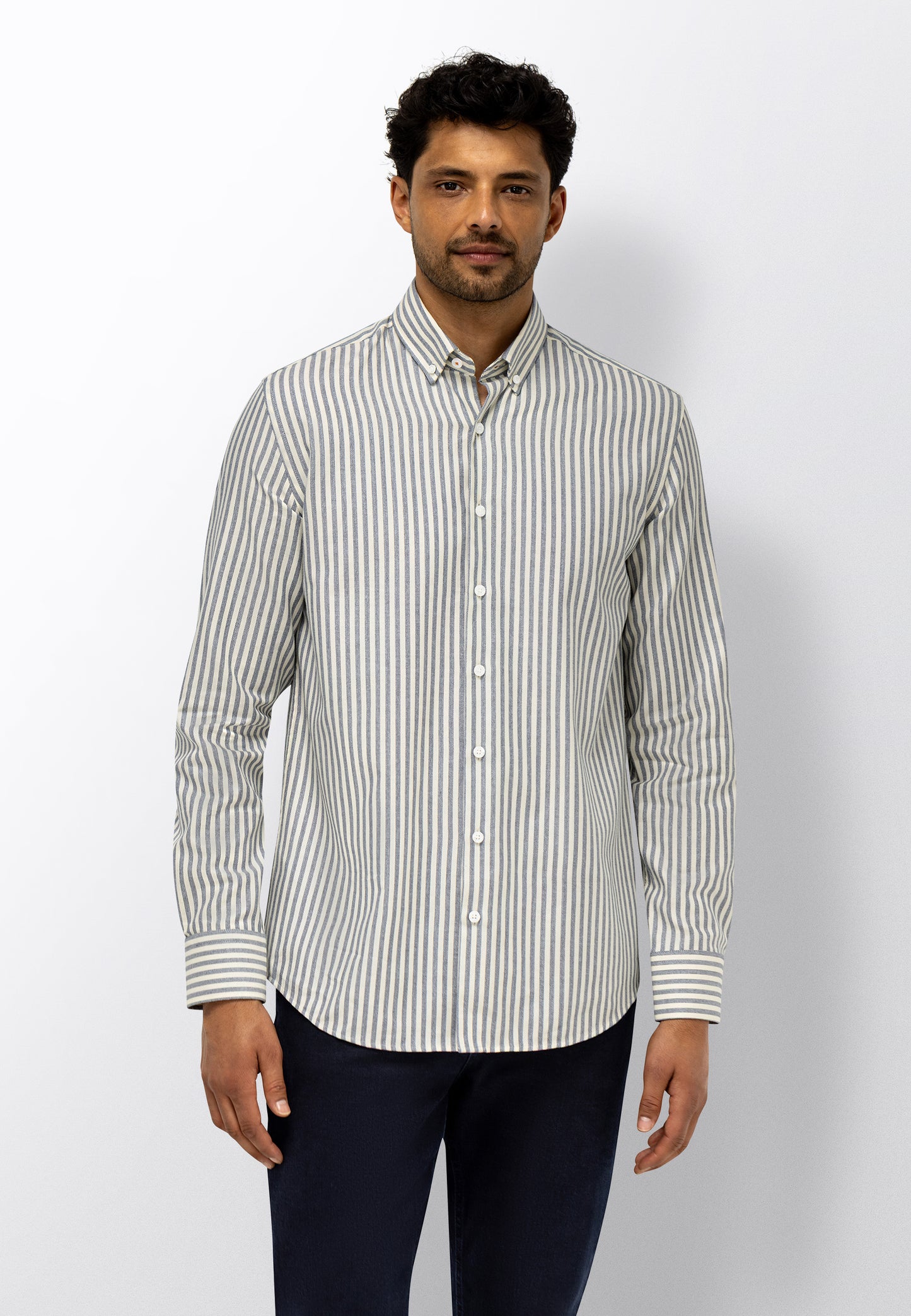 Blauwgrijs gestreept katoenen regular fit overhemd State of Art - 26293/5911