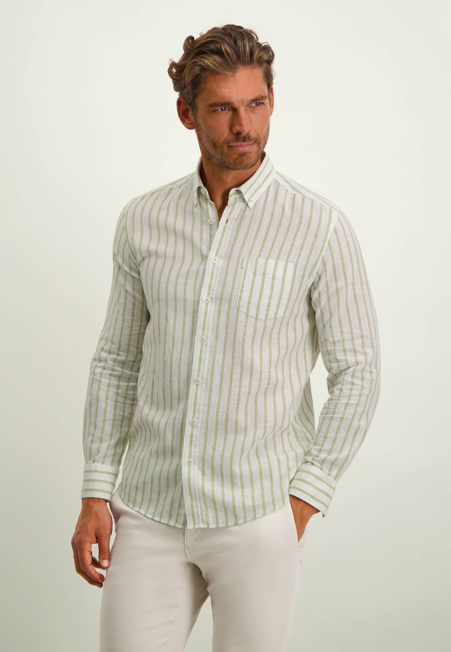 Navy striped cotton linnen regular fit shirt State of Art - 14312/1157