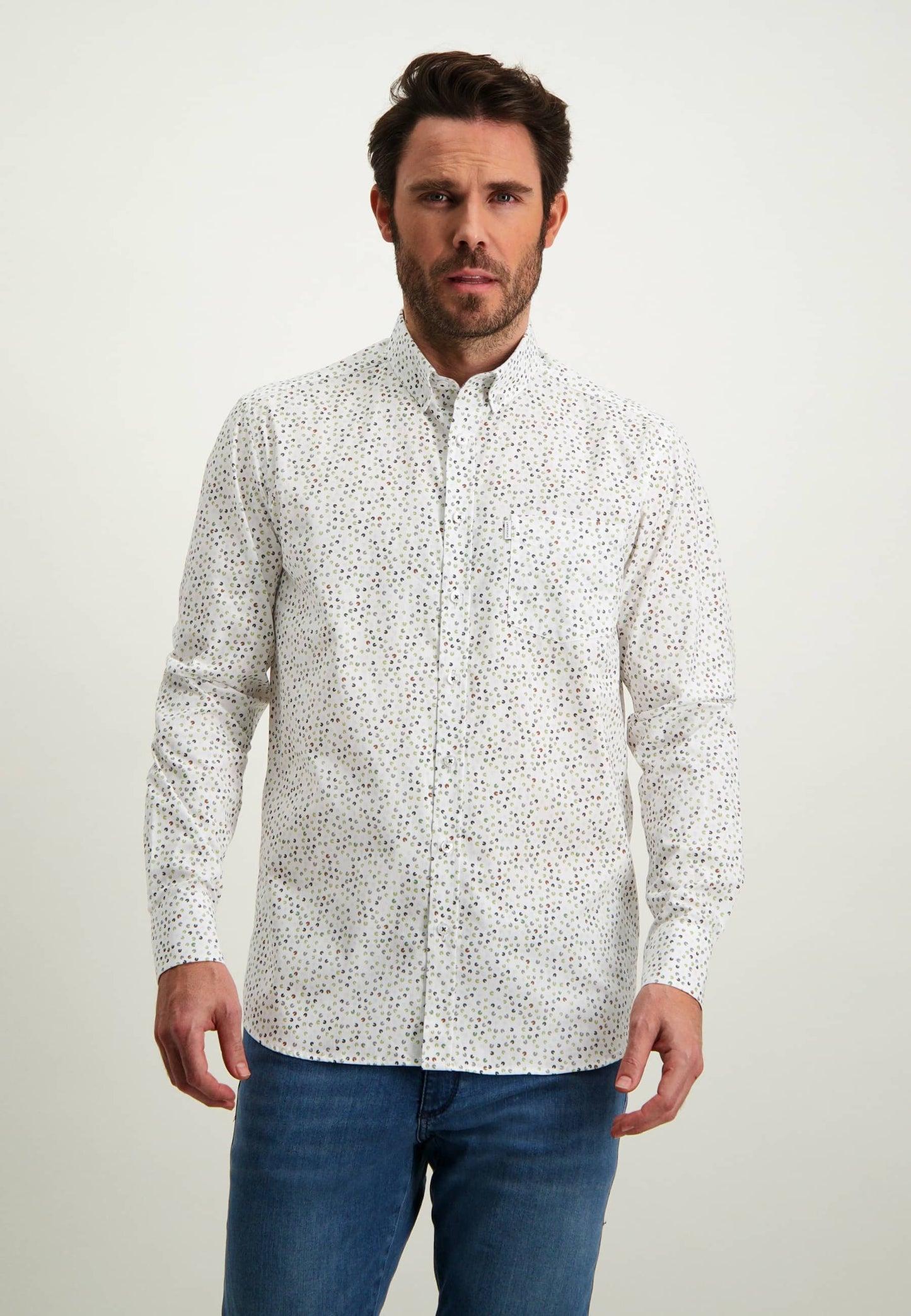 White cotton regular fit shirt with camel print State of Art - 14200/1154