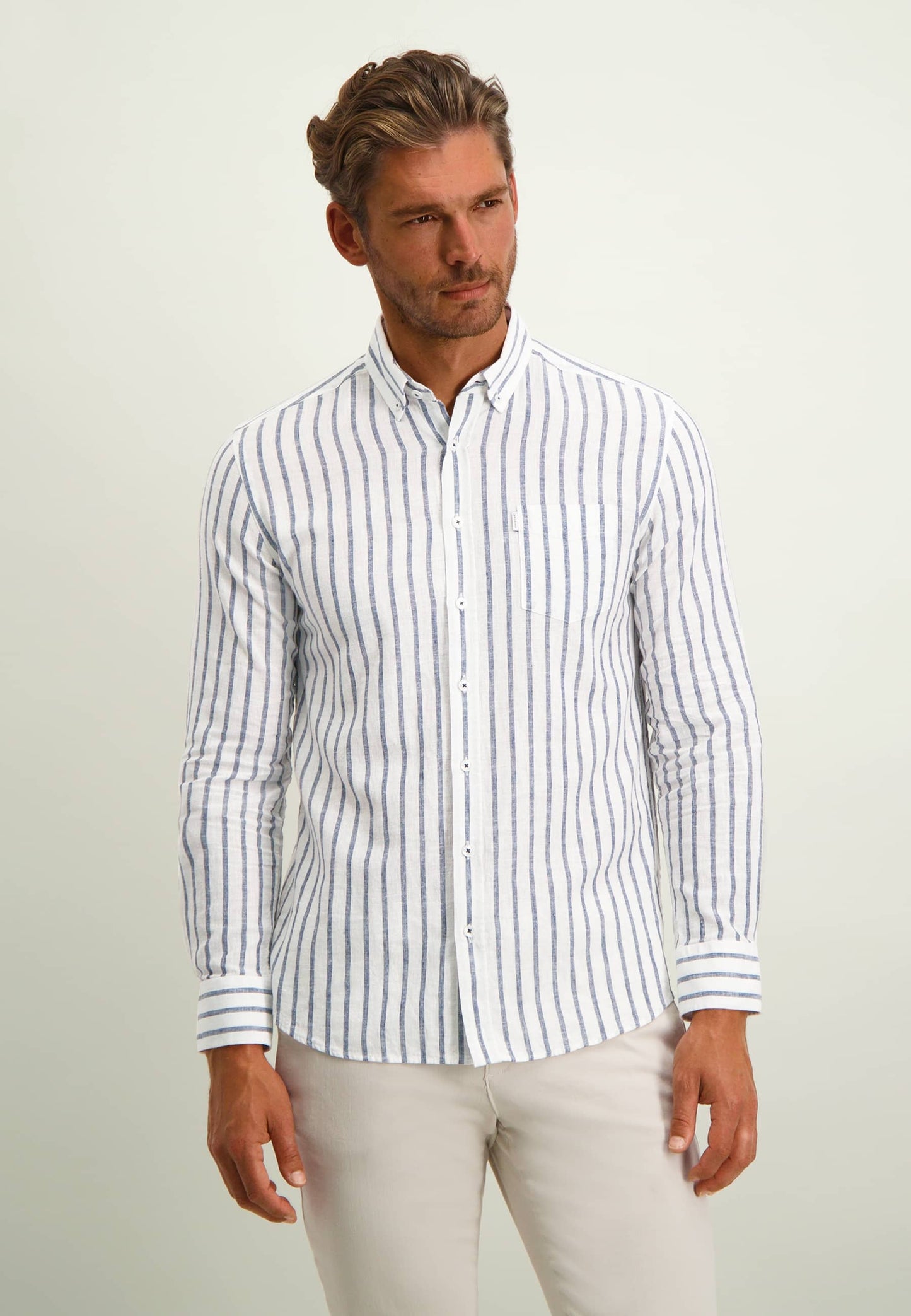 Navy striped cotton linnen regular fit shirt State of Art - 14312/1157