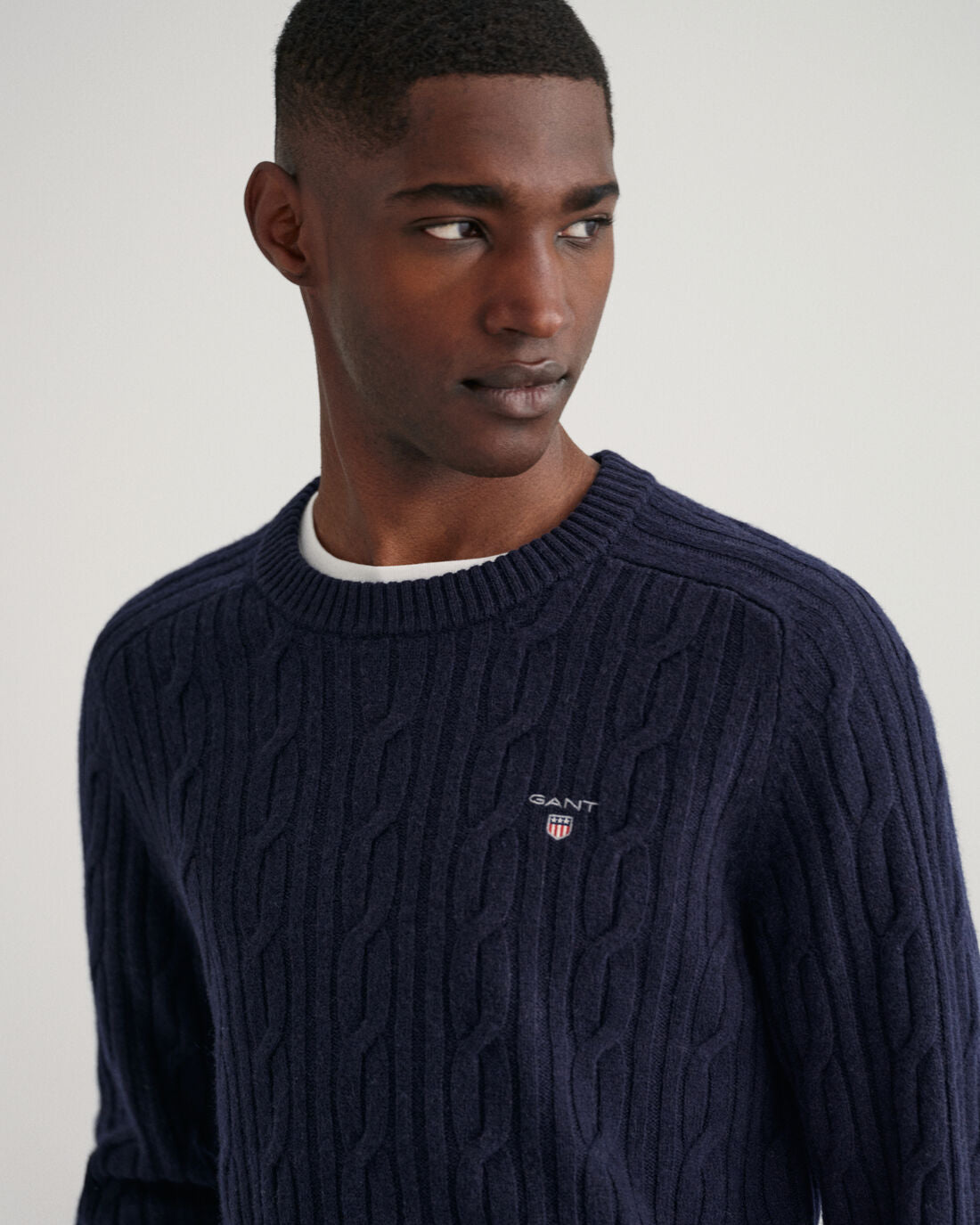 Marineblauwe wollen kabel ronde hals pullover Gant - 8050123/433