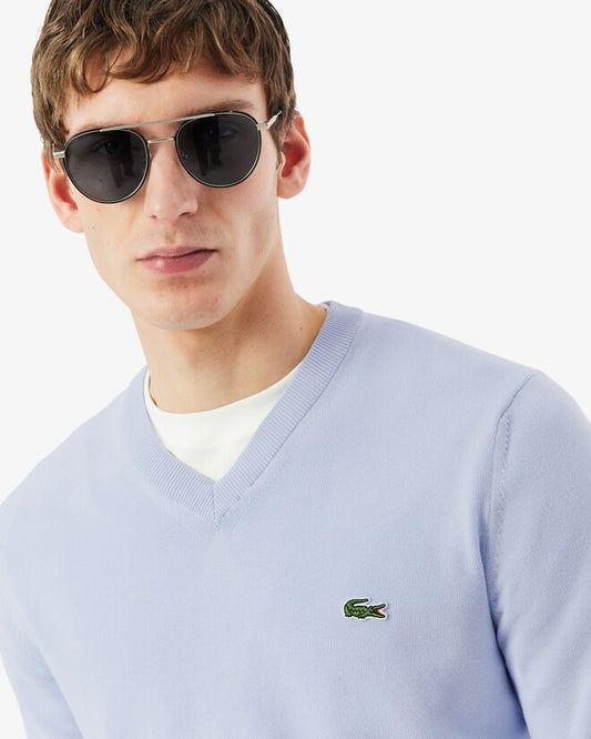 Light blue cotton V-neck pullover Lacoste - AH1951-61/J2G