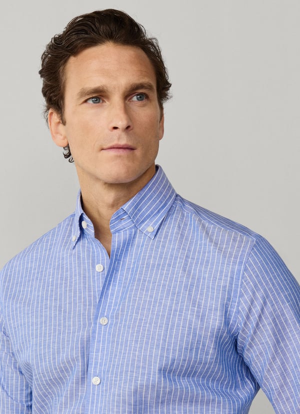 Blauw gestreept katoenen linnen tailored fit overhemd Hackett - HM3010644/534