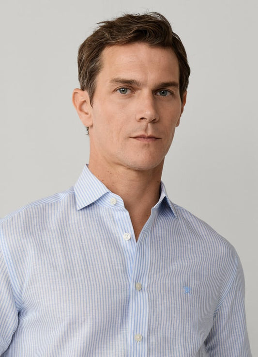 Lichtblauw gestreept katoenen linnen tailored fit overhemd Hackett - HM3010691/502