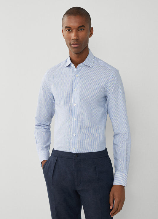  Blauw gestreept katoenen linnen slim fit overhemd Hackett - HM309837/5AR 