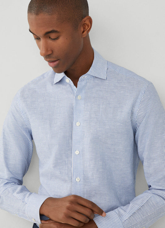  Blauw gestreept katoenen linnen slim fit overhemd Hackett - HM309837/5AR 
