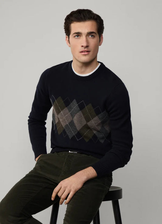 Navy argyle woolen crew neck pullover Hackett - HM700060/595