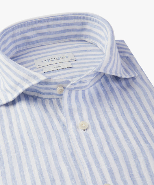 Lichtblauw gestreept linnen slim fit hemd Profuomo - PPVH10021A