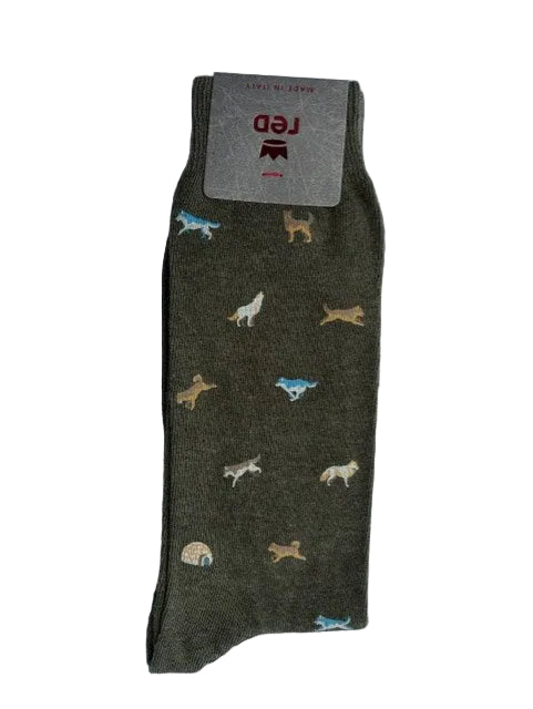 Khaki socks with wolves Red - 64D92G/V5028