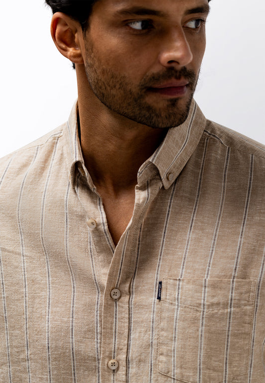 Beige striped cotton-linnen regular fit shirt State of Art - 16160/1658