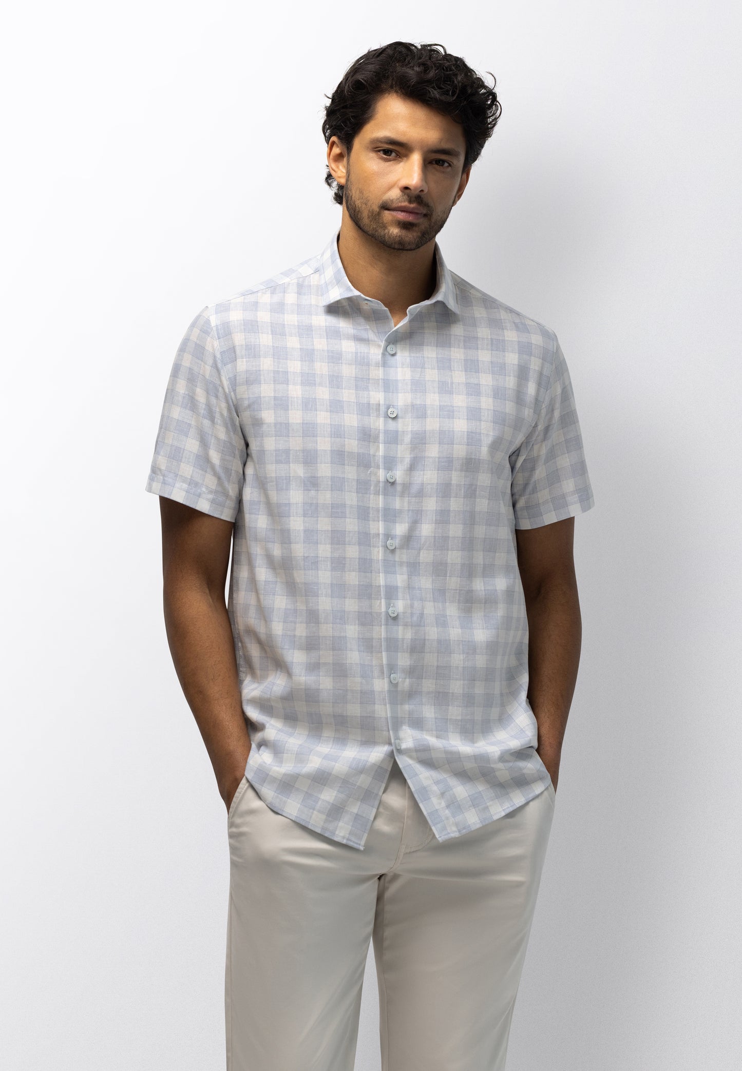 Blauw geruit katoenen linnen regular fit overhemd met korte mouw State of Art - 6301/5311