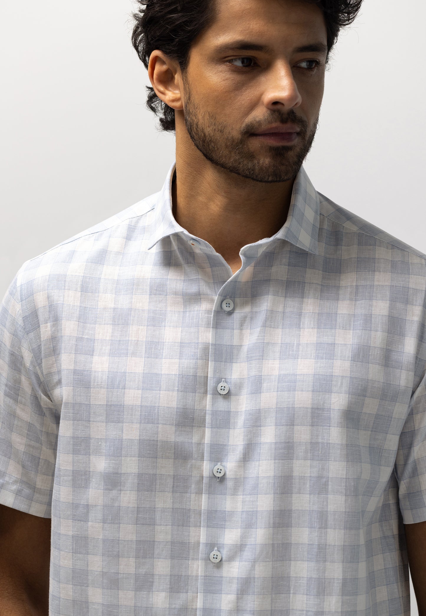 Blauw geruit katoenen linnen regular fit overhemd met korte mouw State of Art - 6301/5311