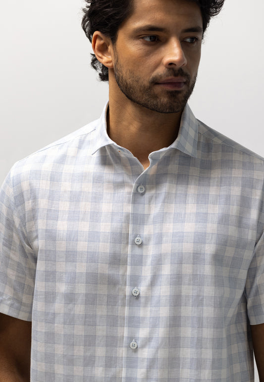 Blue checkered cotton linnen short sleeve regular fit shirt State of Art - 6301/5311