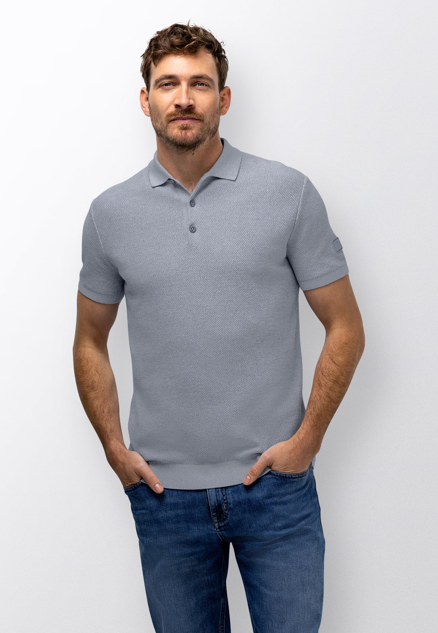 Blauwgrijze katoenen polo met structuur State of Art - 16097/5393