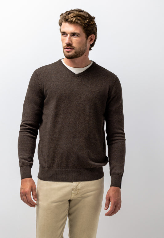 Dark brown cotton V-neck pullover State of Art - 26003/8900