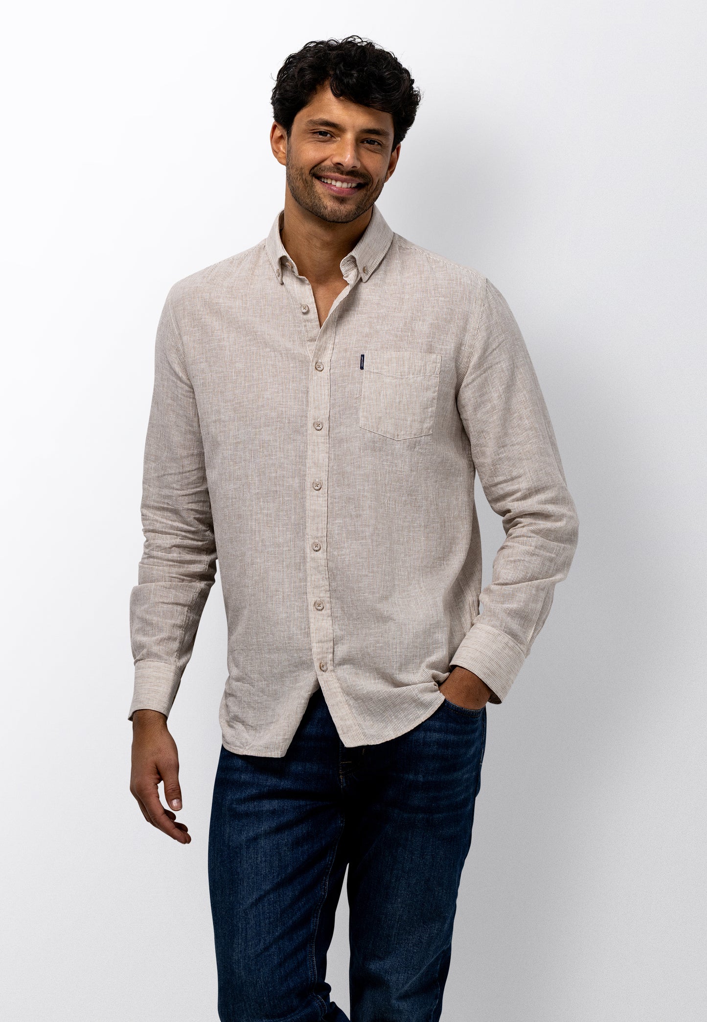 Brown striped cotton linnen regular fit shirt State of Art - 16162/1611