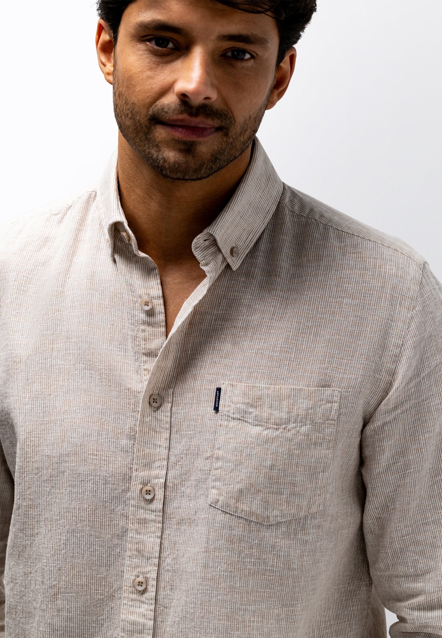 Brown striped cotton linnen regular fit shirt State of Art - 16162/1611