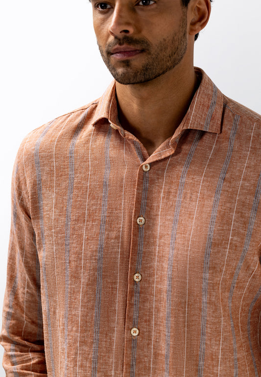 Oranje gestreept linnen regular fit overhemd State of Art - 16172/2811
