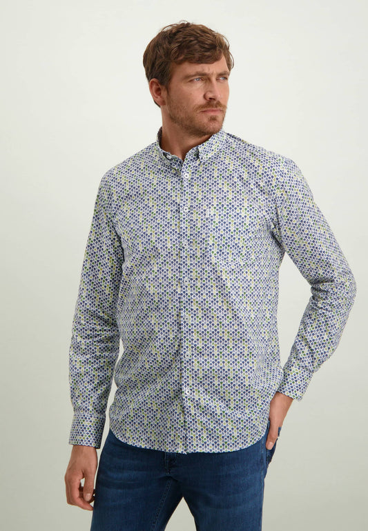 Blauwgroen katoenen regular fit overhemd met print State of Art -14194/1131