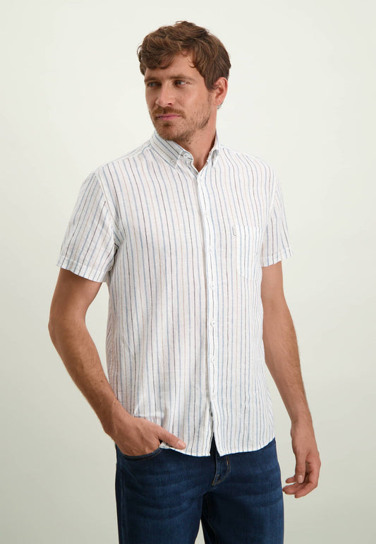 White striped cotton linnen regular fit short sleeve shirt state of Art - 14281/1156