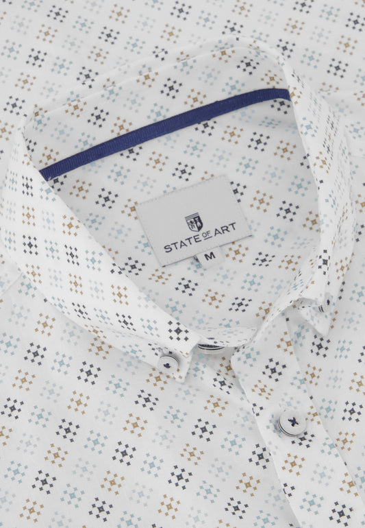 Wit katoenen regular fit overhemd met korte mouwen en camel print State of Art - 14205/1156