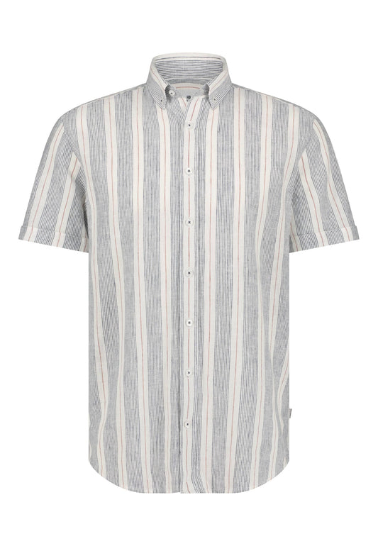 Navy striped cotton linnen regular fit short sleeve shirt State of Art - 14309/1157