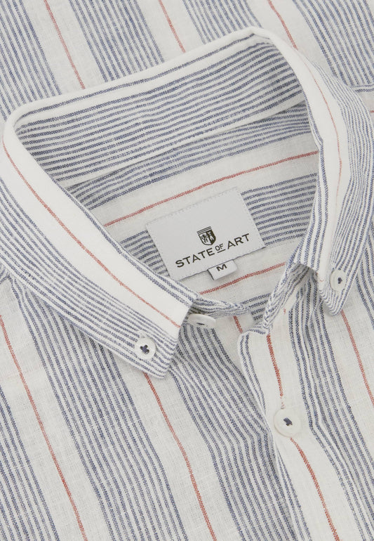 Navy striped cotton linnen regular fit short sleeve shirt State of Art - 14309/1157