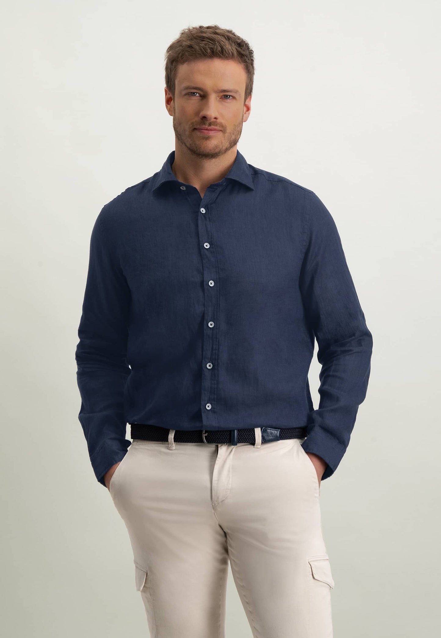 Lichtblauw linnen regular fit hemd State of Art - 14314/5300