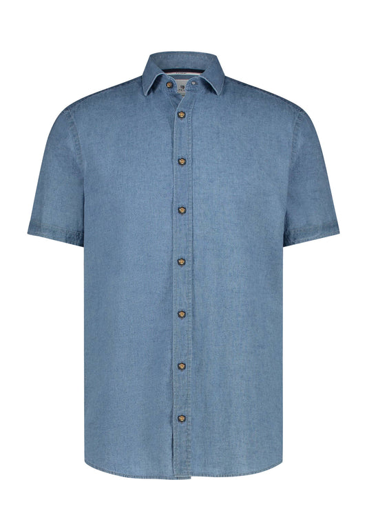 Indigo cotton linnen short sleeve regular fit shirt State of Art - 15339/5600
