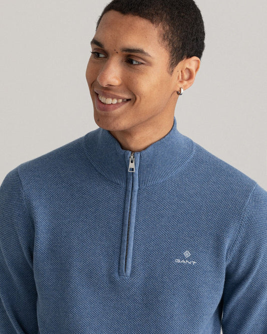 Blue structured cotton halp zip pullover Gant - 8030523/906