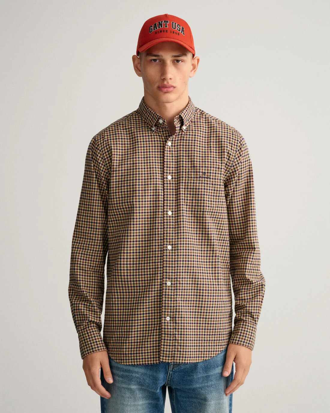 Beige checkered cotton regular fit shirt Gant - 3220086/256