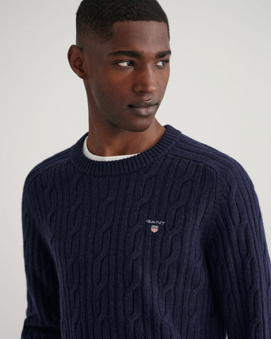 Marineblauwe wollen kabel ronde hals pullover Gant - 8050123/433