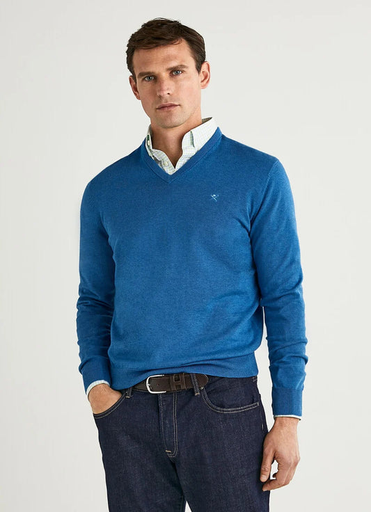 Blauwe katoen zijde V-hals pullover Hackett - HM702781/541