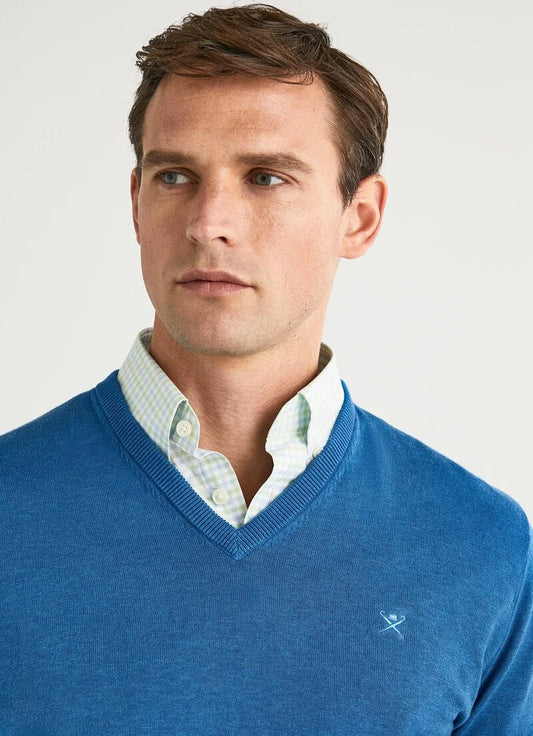 Blauwe katoen zijde V-hals pullover Hackett - HM702781/541