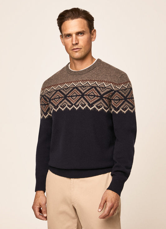 Taupe wollen fair isle trui met ronde hals Hackett - HM702858/9FZ