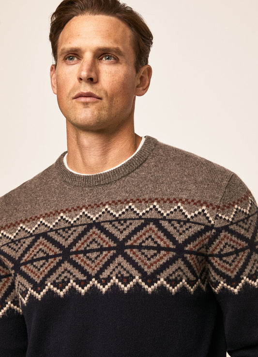 Taupe wollen fair isle trui met ronde hals Hackett - HM702858/9FZ