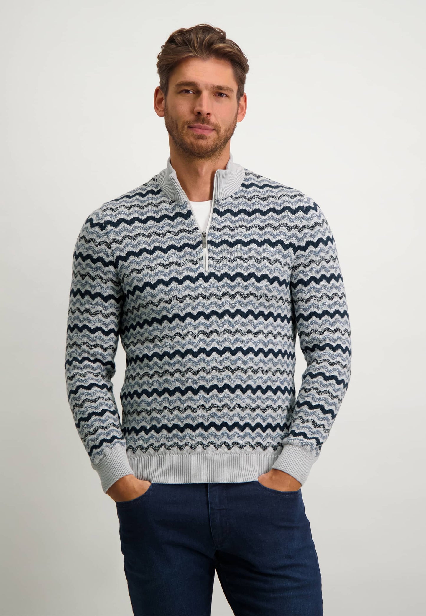 Blue grey striped cotton zip pullover State of Art - 22105/1756