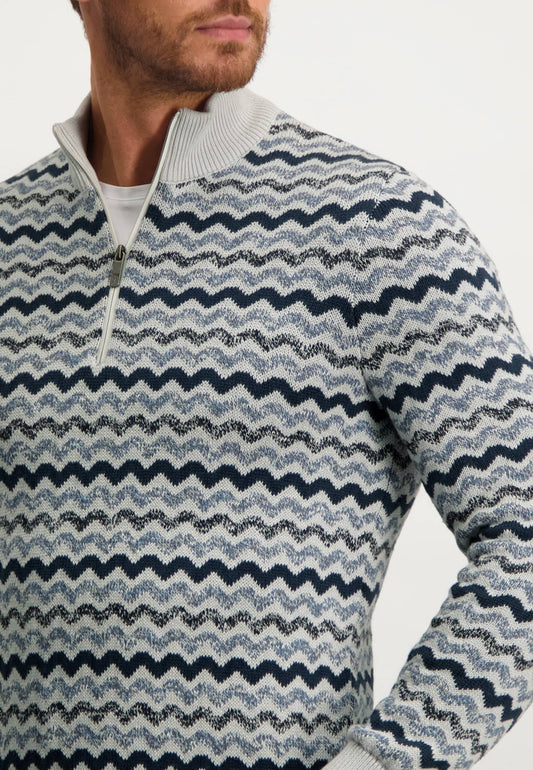 Blauwgrijs gestreepte katoenen pullover met ritsje State of Art - 22105/1756