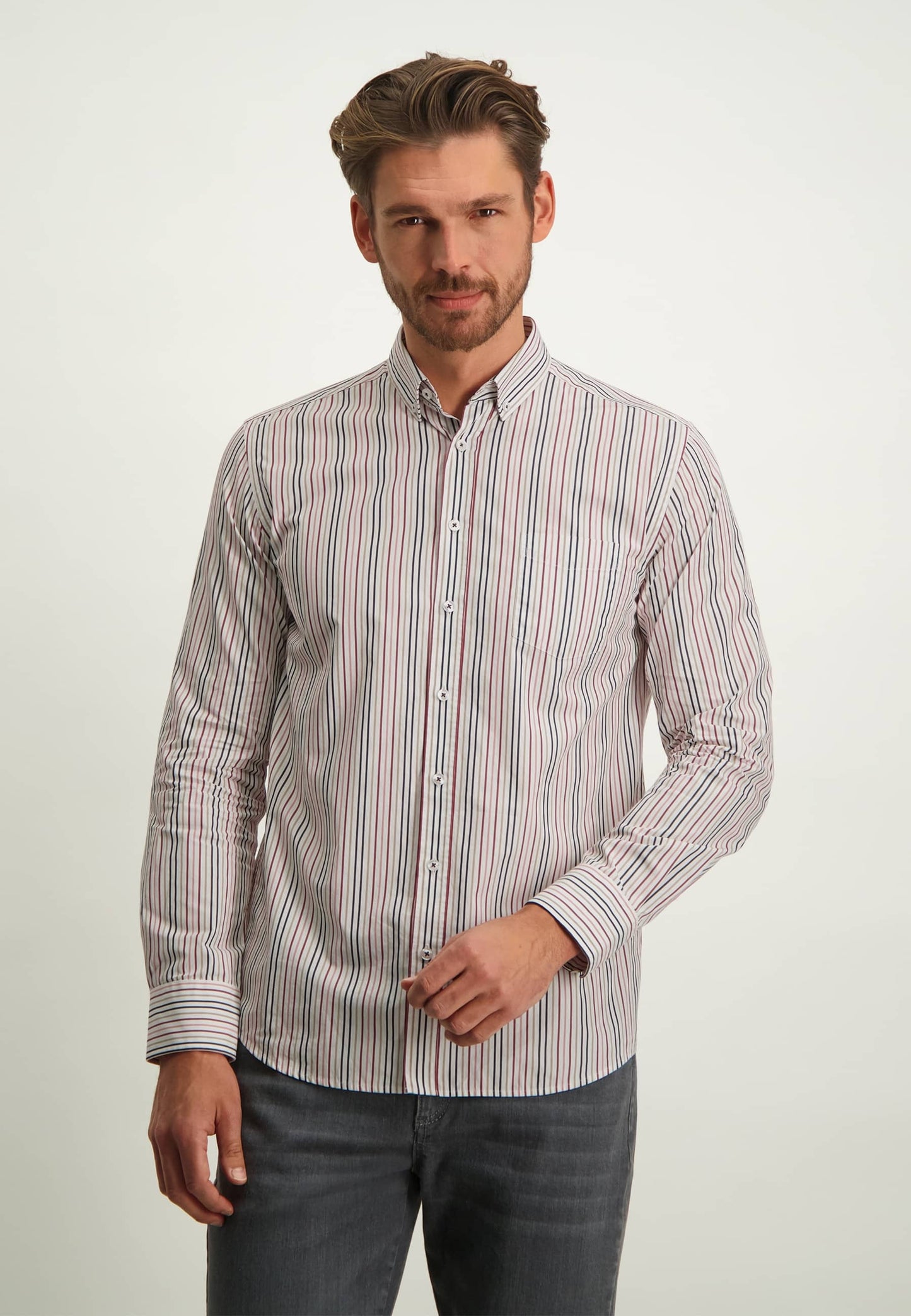 Raspberry red striped cotton regular fit shirt State of Art - 13208/1142
