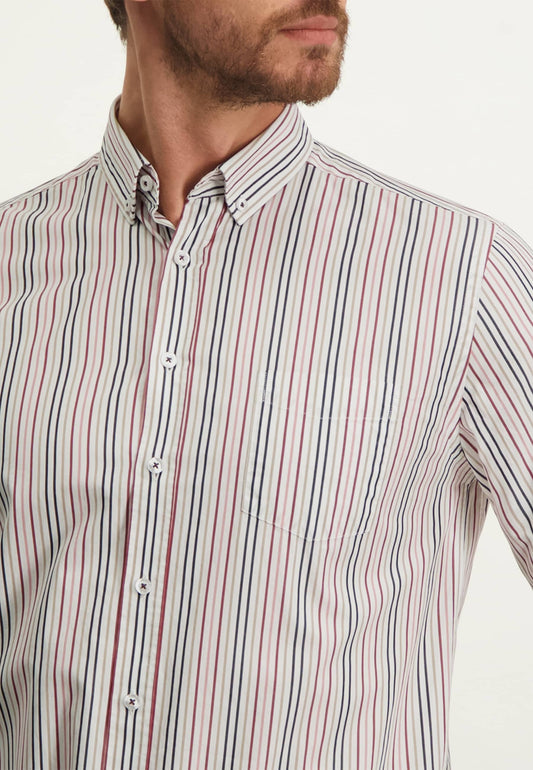 Raspberry red striped cotton regular fit shirt State of Art - 13208/1142