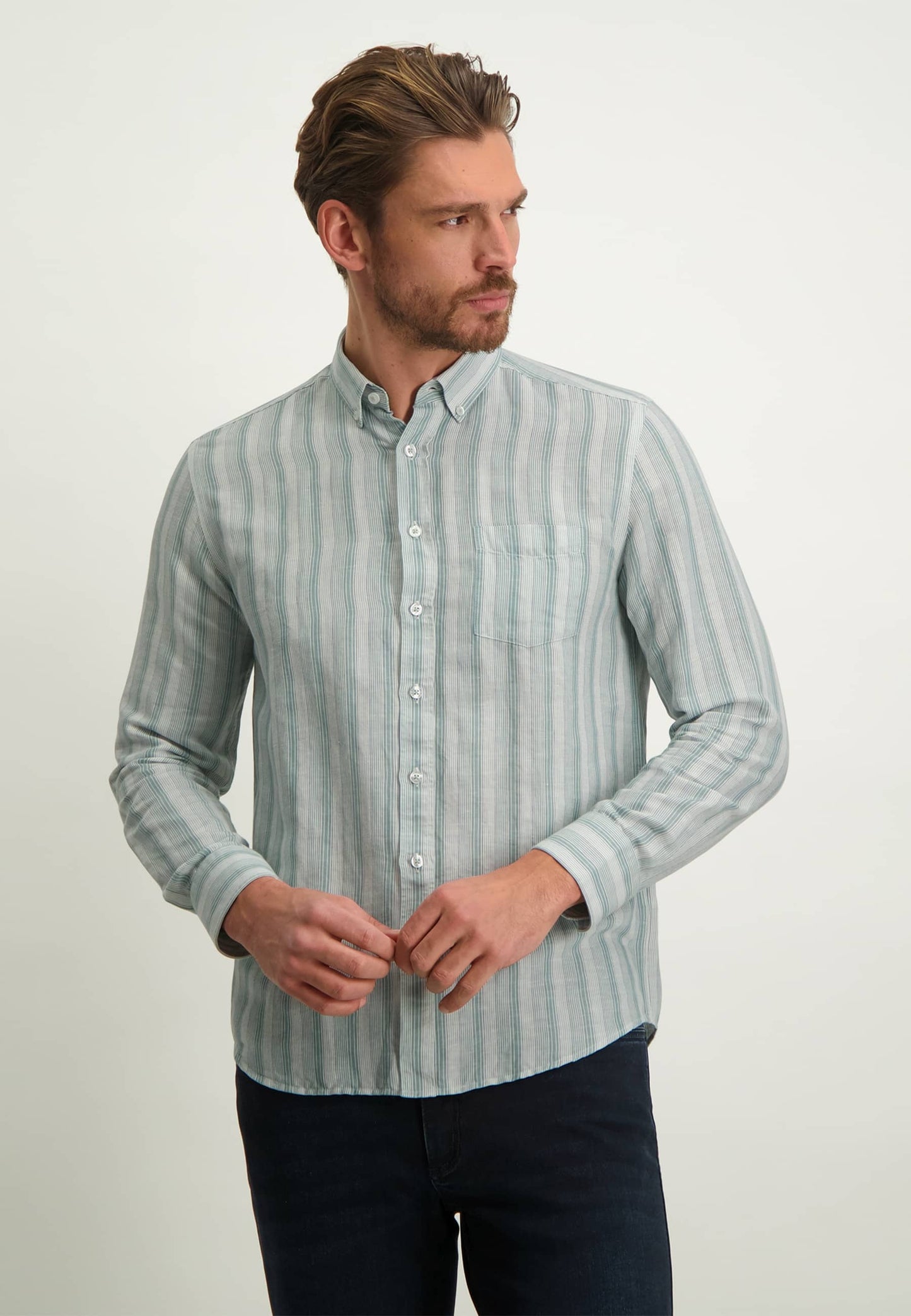 Green striped cotton linnen regular fit shirt State of Art - 13217/1154