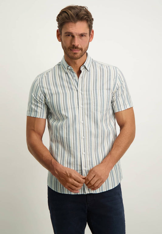 Beige striped cotton short sleeve regular fit shirt State of Art - 13256/1186