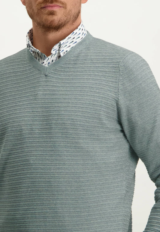 Green cotton structured V-neck pullover State of Art - 13037/5492