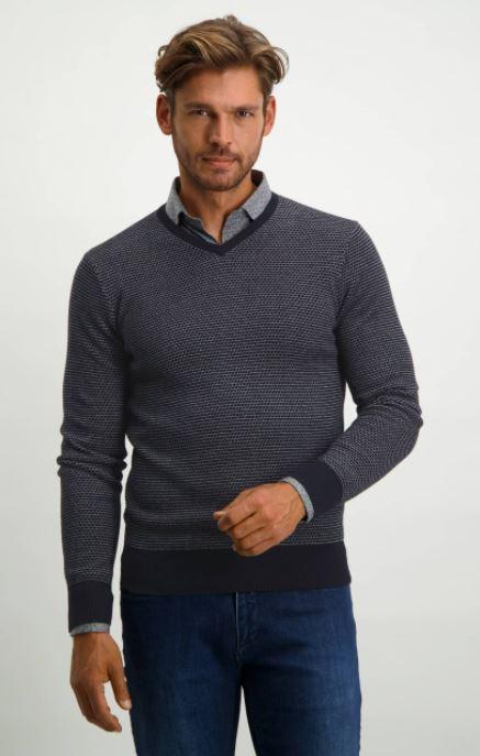 Navy structured V-neck cotton pullover State of Art - 21013/5992